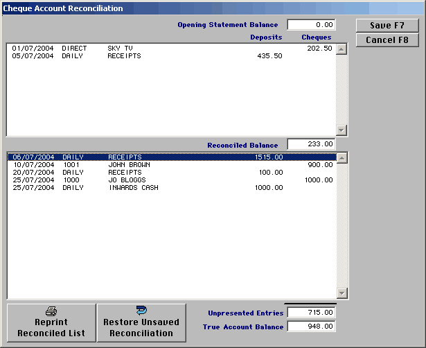 account reconcillation screen